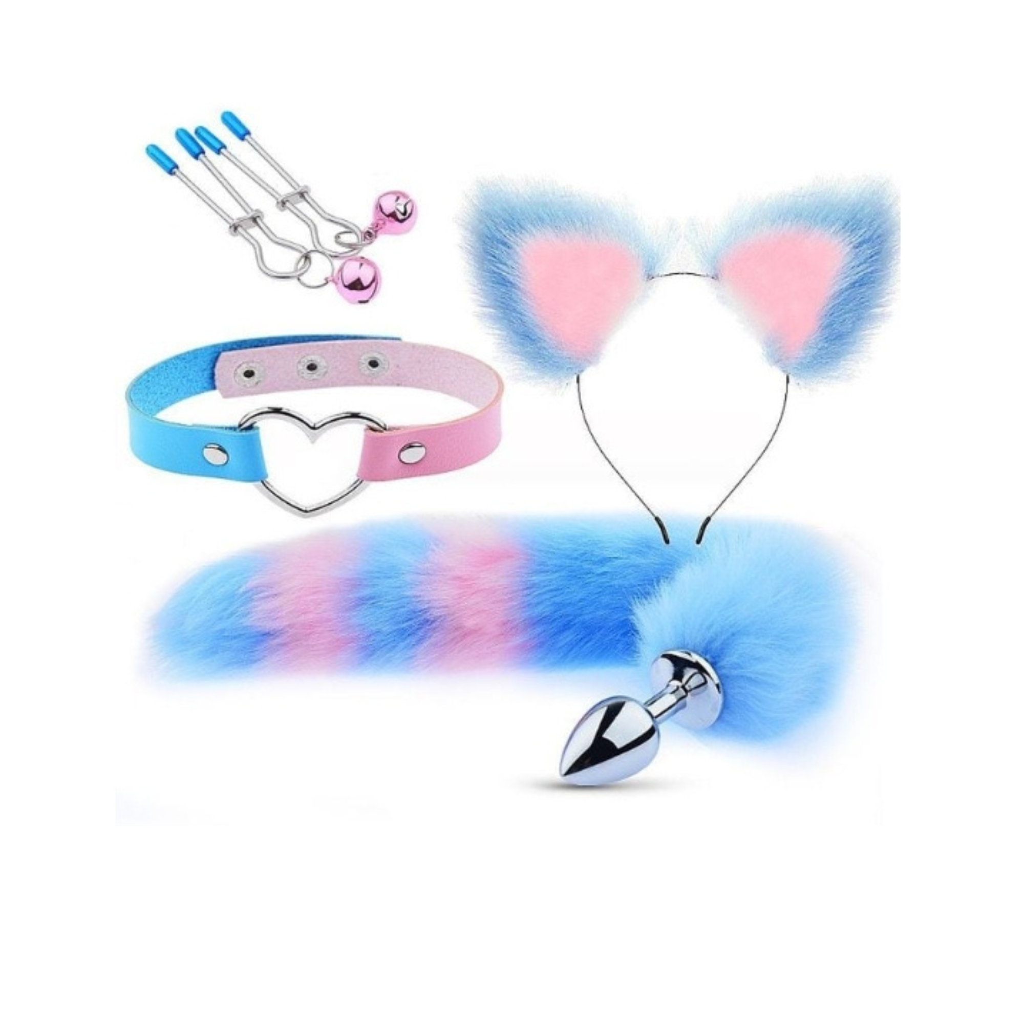 Kit Raposa Bicolor Tiara Grampos Seios Gargantilha Sexy Import